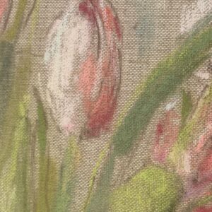 Detail of a pink-and-white tulip and the pastel chalk on linen