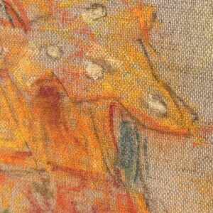Detail of the traditional clothing and pastel chalk on linen