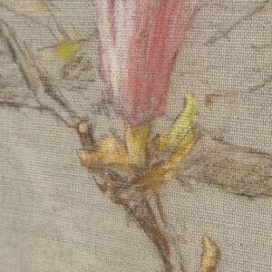 Detail of the pink-and-white blossoms and pastel chalk texture on linen