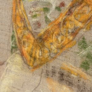 Detail of the traditional headdress and pastel chalk texture on linen